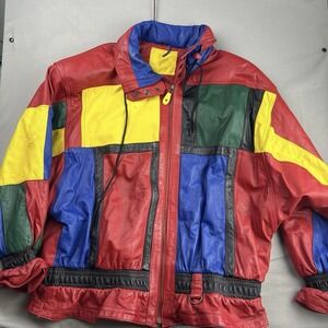 Vintage Mixed Blues Colorblock Leather Jacket Womens Large 80s 90s